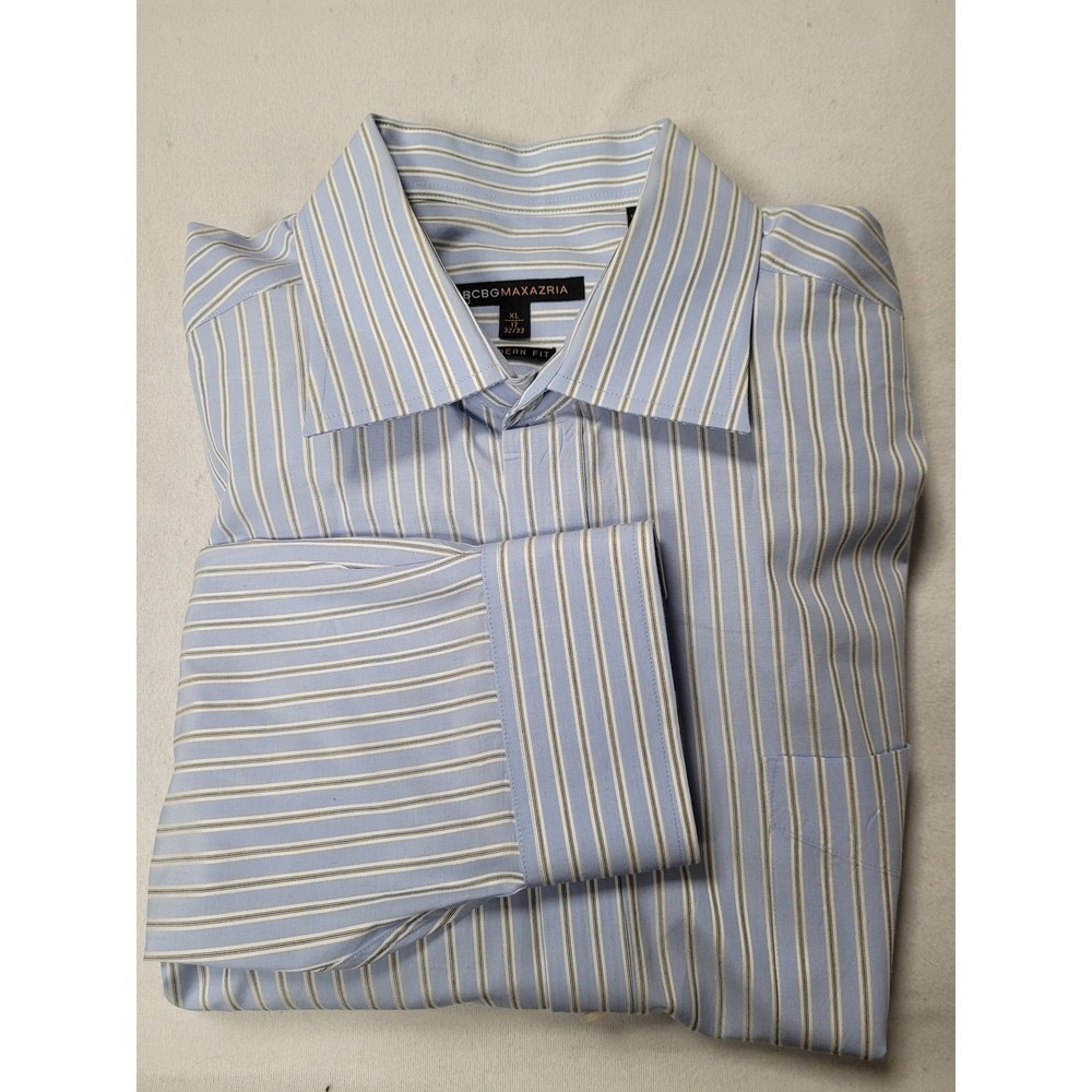 BCBG MAXAZRIA Mens 17 32/33 Modern Fit Blue Striped Dress Shirt Classic‎ Size XL
